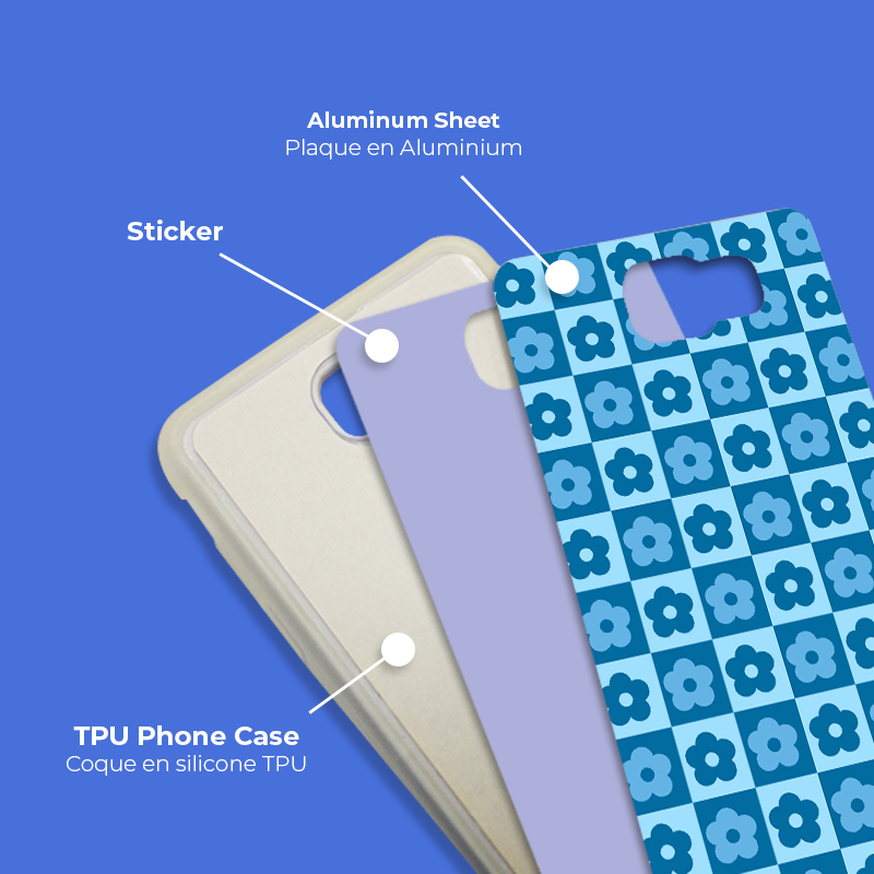 Coque sublimation 2D TPU pour Samsung Galaxy J8, J7, J6 Plus, J6, J5, J4 Prime, J4, J3, J2. La plaque arrière en aluminium dédiée à la sublimation permet la personnalisation de la coque.